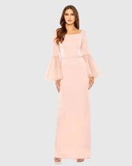 Pink Flounce Sleeve Square Neck Column Gown