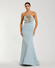 Strapless Crepe Trumpet Gown with 3D Rhinestone Flower