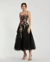 Black Multicolor Bustier Embroidered Floral A-Line Dress