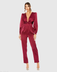 Red Front Twist Puff Sleeve Deep V Jumpsuit