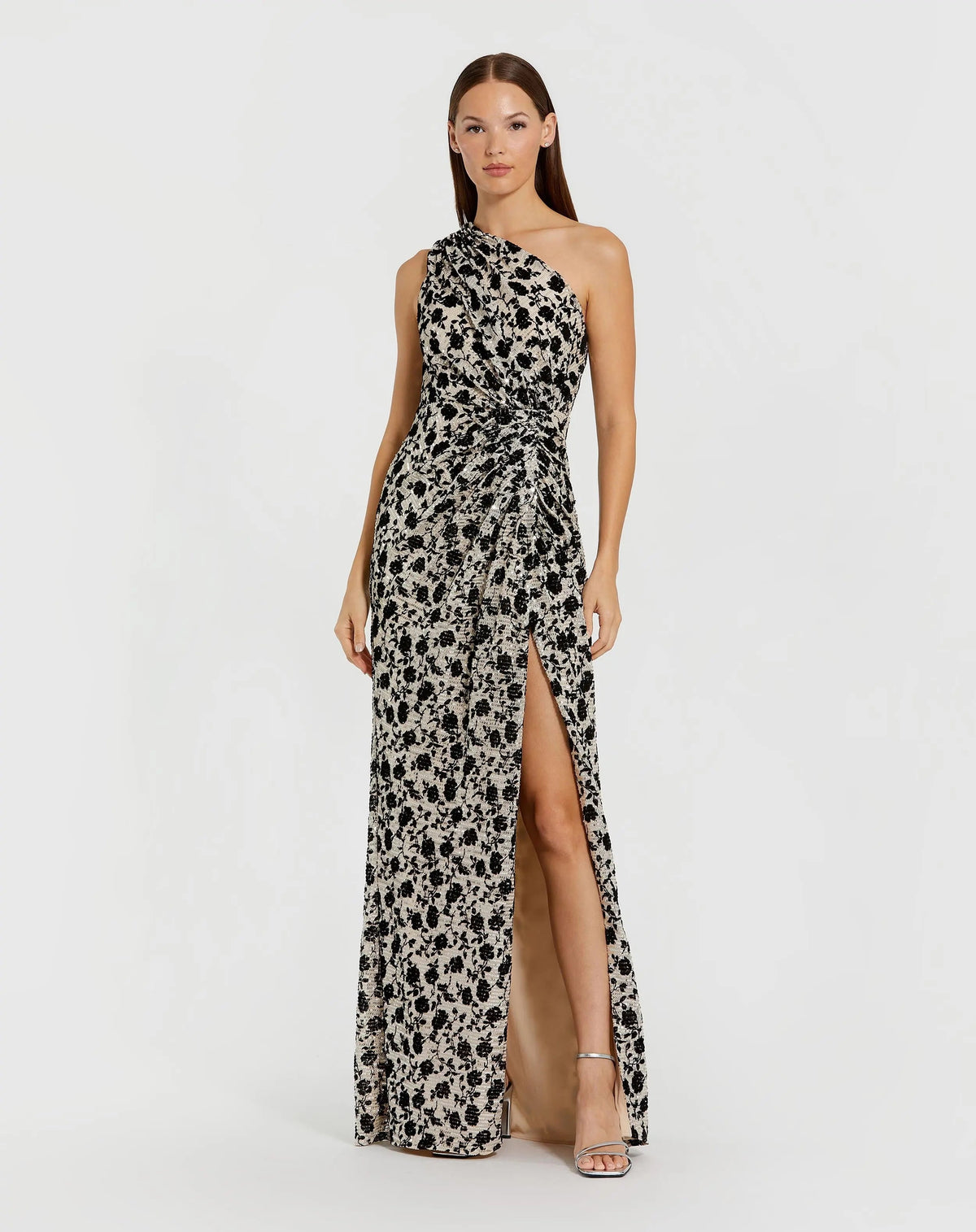 Beige One Shoulder Sequin Gown with Floral Velvet Detail
