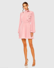Pink Draped High Neck Long Sleeve Mini Dress