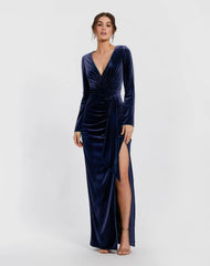 Dark Blue Ruched Velvet Column Evening Gown