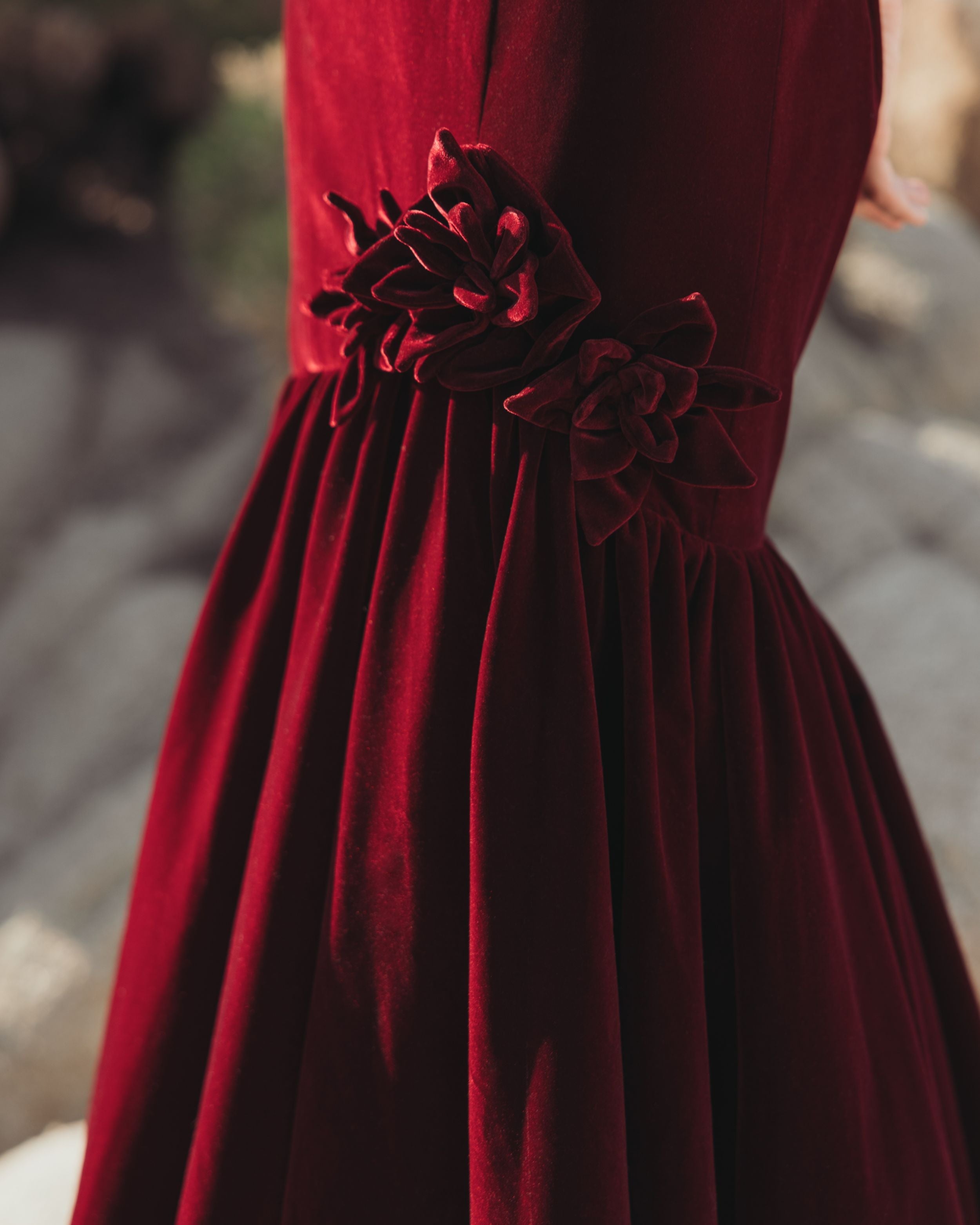 Dark Velvet One Shoulder Trumpet Gown With Flowers