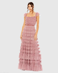 Pink Tiered Ruffle Cap Sleeve Gown