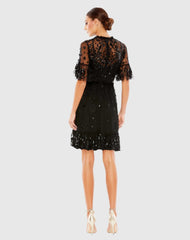 Black Embellished Illusion High Neck Mini Dress