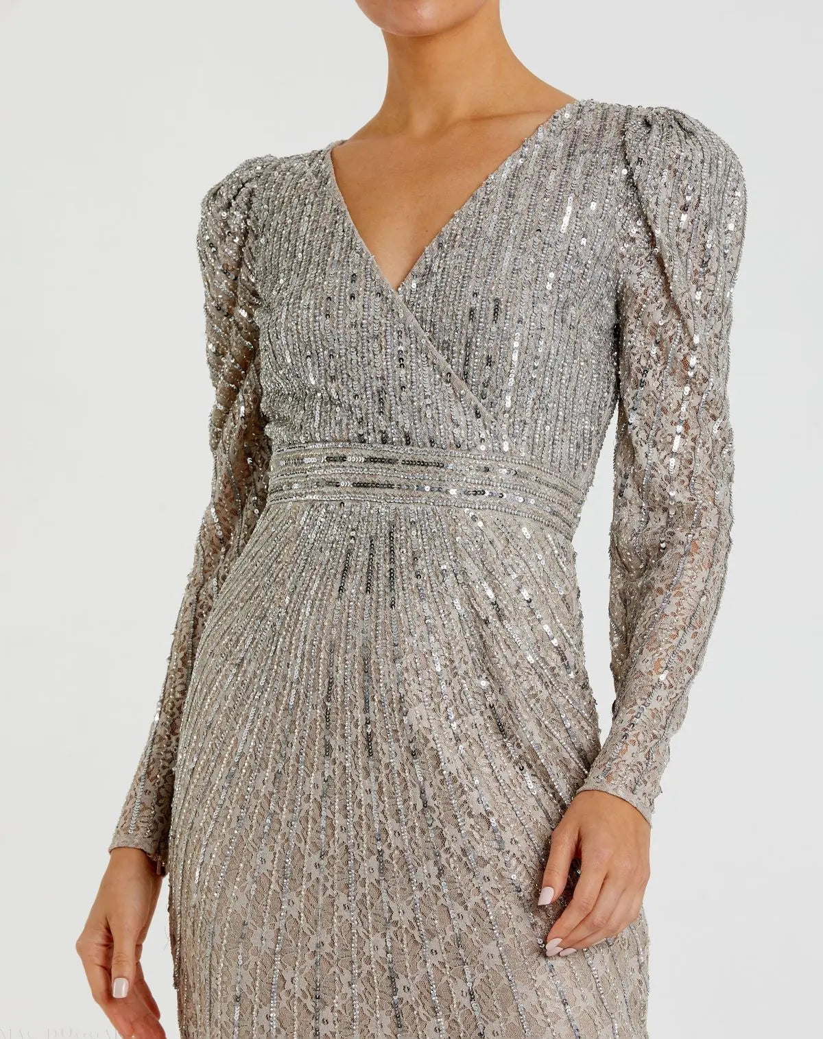 Gray Beaded Lace Long Sleeve Midi Dress