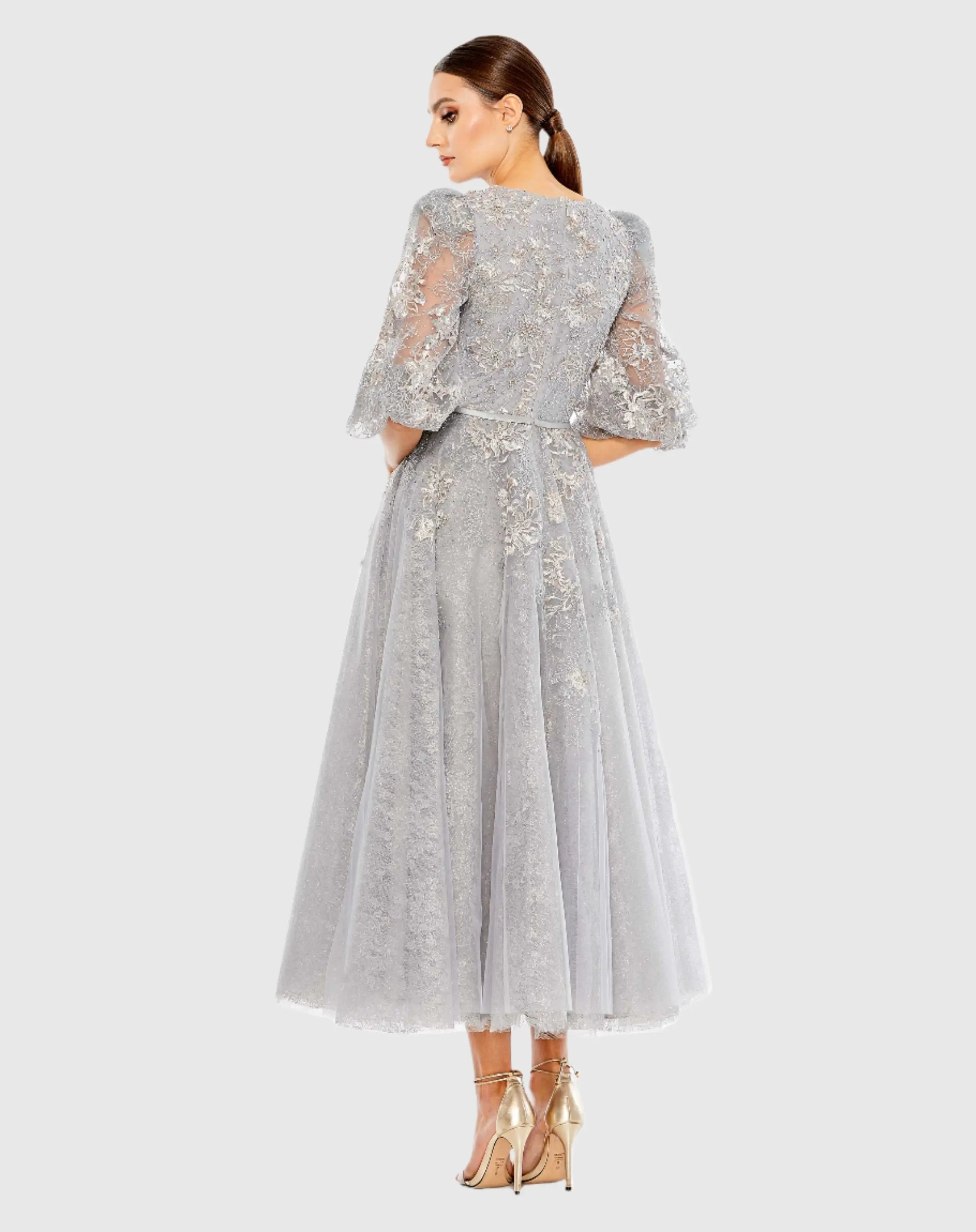 Gray High Neck Puff Sleeve Embellished Dress