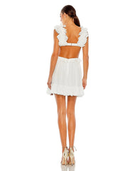 White Ruffled Cut-Out V Neck Mini Dress