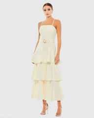 White Belted Tiered Ruffle Sleeveless Midi Dress